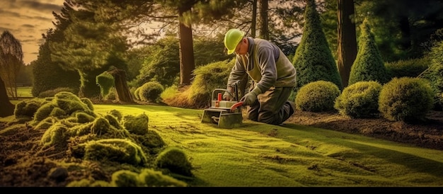 Photo un jardinier aménage du gazon pour une nouvelle pelouse