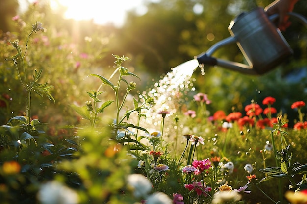 Photo jardinier arrosant des fleurs colorées dans le jardin un jour ensoleillé