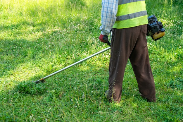 Le jardinier coupe l'herbe par tondeuse à gazon, entretien de la pelouse. La nature