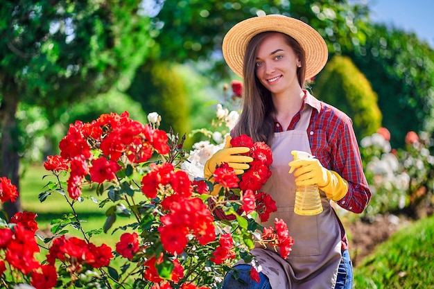 Jardinier femme arrosant des fleurs roses avec un vaporisateur