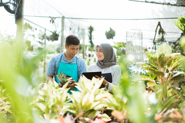 Jardinier homme et femme vérifier les plantes