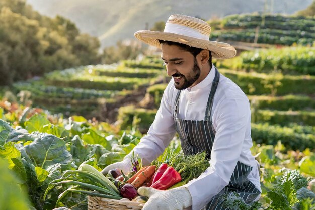 jardinier homme fermier dans un champ avec un panier plein de légumes