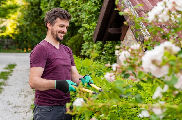 Un jardinier homme heureux taillant une haie dans la cour de printemps