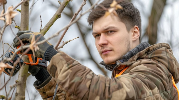 Photo jardinier mâle prune un arbre fruitier à l'aide de ciseaux à batterie sécateur outil électrique de taille