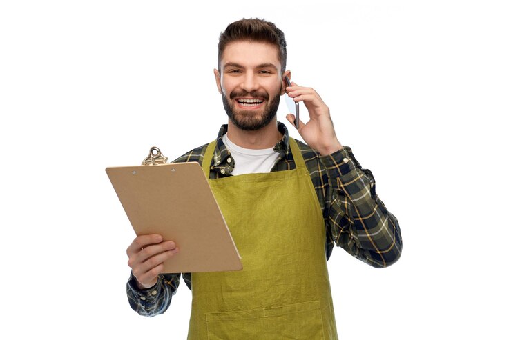 Photo jardinier masculin avec un bloc-notes appelant sur un smartphone
