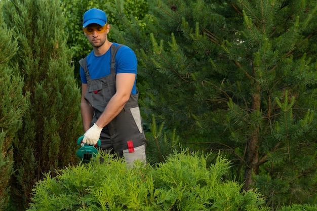 Le jardinier masculin dans un costume de protection élague les buissons avec une tondeuse électrique