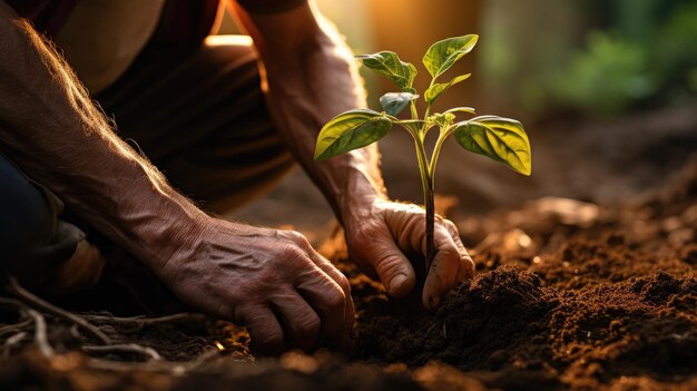 Un jardinier plantant une graine dans un sol fertile dans l'espoir d'une récolte fertile