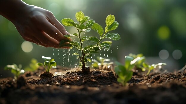 Le jardinier plante des arbres ou des semis sur fond vert flou avec de l'eau pure