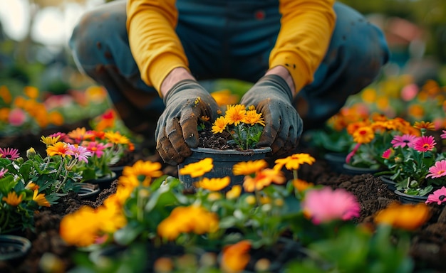 Le jardinier plante des fleurs dans le jardin.