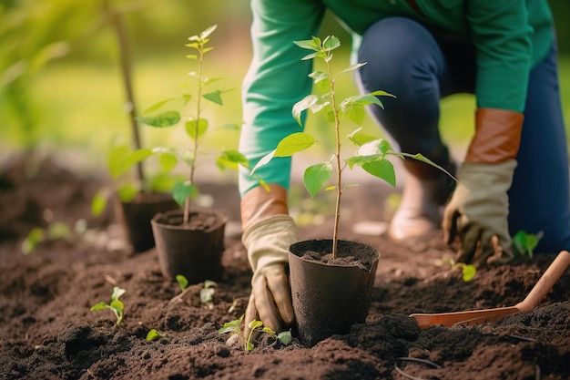 Le jardinier plante une jeune plante dans le sol le concept de verdissement