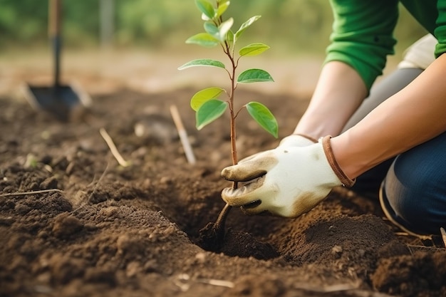 Le jardinier plante une jeune plante dans le sol le concept de verdissement