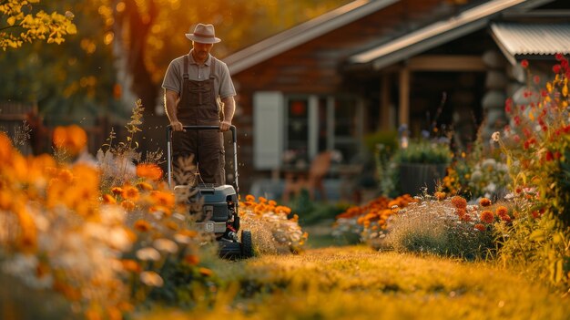 Un jardinier professionnel coupe de l'herbe à l'aide d'une tondeuse électrique moderne en été.