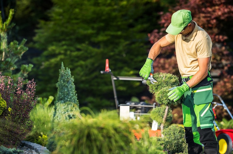 Photo jardinier professionnel taillant des arbres décoratifs de jardin