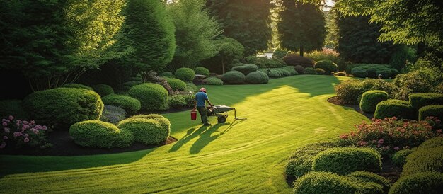 Un jardinier résidentiel coupe la pelouse de l'arrière-cour