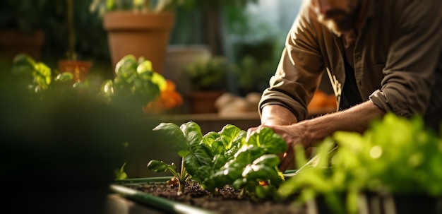 Jardinier s'occupant des plantes dans une serre