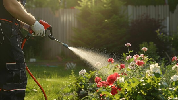 Photo jardinier tenant un pulvérisateur à tuyau à la main et arrosant des fleurs dans le jardin