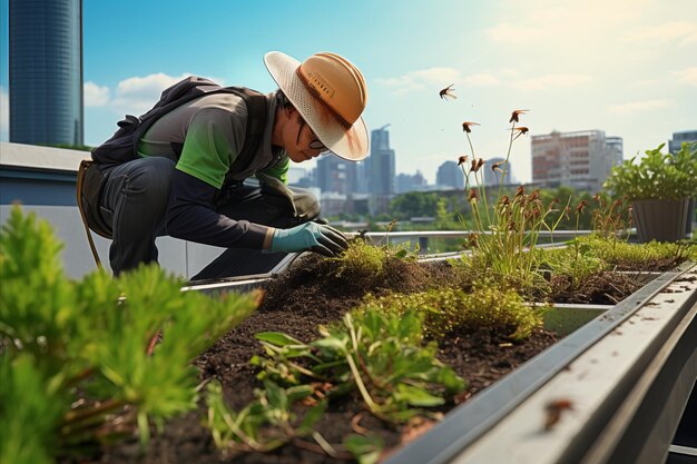 Jardinier sur le toit mettant en œuvre le contrôle des ravageurs sur un toit vert toit de bâtiment urbain avec des arbres verts luxuriants