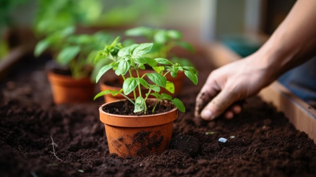 jardinier utilisant une truelle pour planter un semis dans un pot avec un arrière-plan vert vibrant