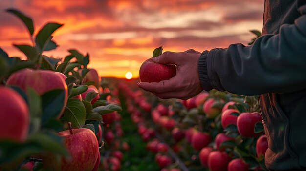 Le jardinier vérifie la santé des pommiers en tenant des pommes mûres.