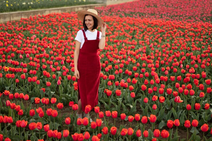 Photo une jardinière dans un champ de tulipes