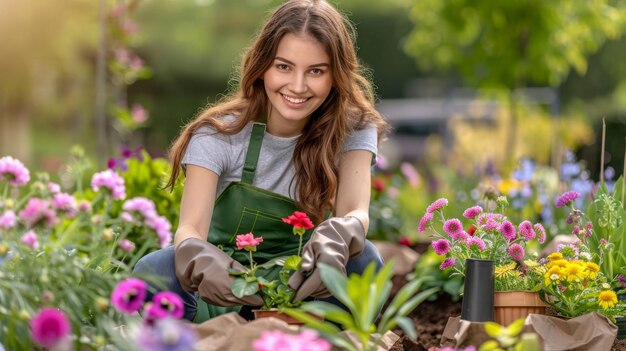 Une jardinière heureuse avec des gants et un tablier plante des fleurs sur le lit de fleurs dans le jardin de la maison.