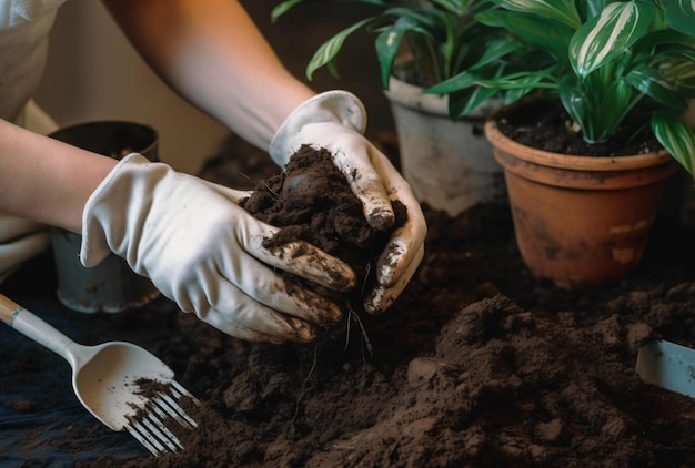 Une jardinière avec un tablier et des gants blancs plantant de jeunes plantes dans le sol