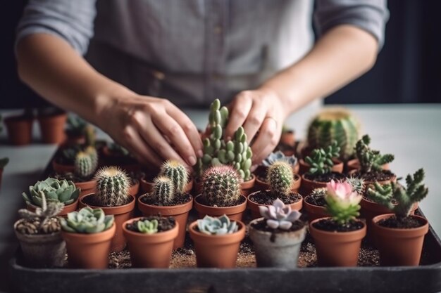 Les jardinières transplantent à la main des cactus dans des pots.