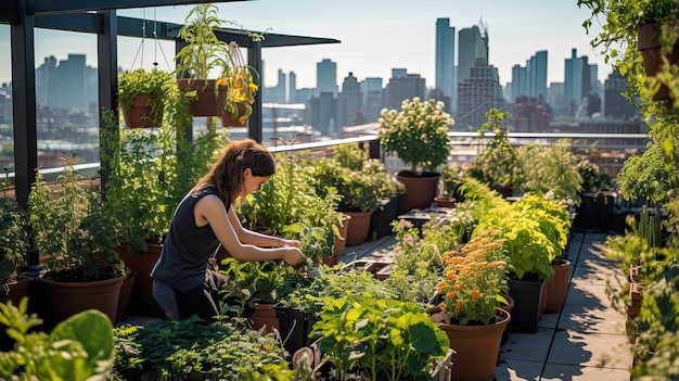 Jardiniers urbains cultivant des plantes dans une oasis sur le toit