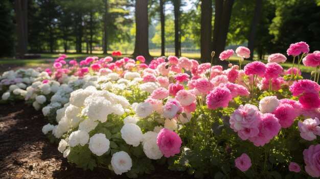 Les jardins aux rayons du soleil, un spectacle époustouflant de fleurs roses et blanches