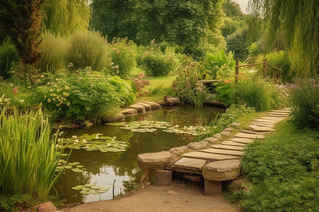 Jardins de charme chemins sinueux étang paisible entouré d'un écrin de verdure