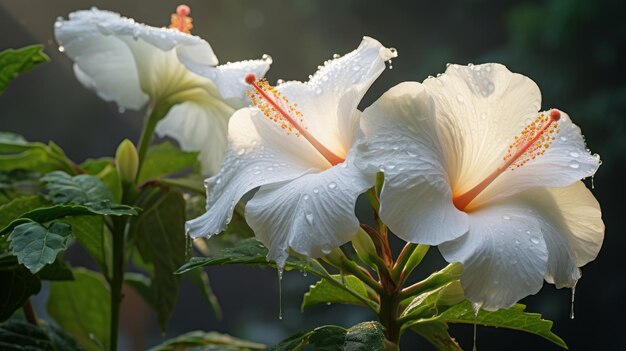 Des jardins tranquilles, des fleurs d'hibiscus captivantes dans l'obscurité et le blanc clair