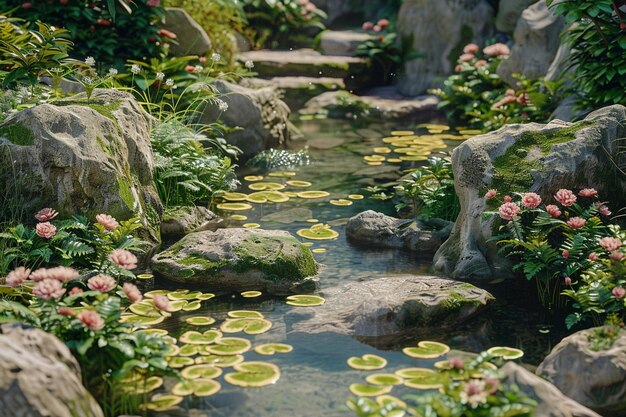 Des jardins tranquilles avec des ruisseaux bouillonnants