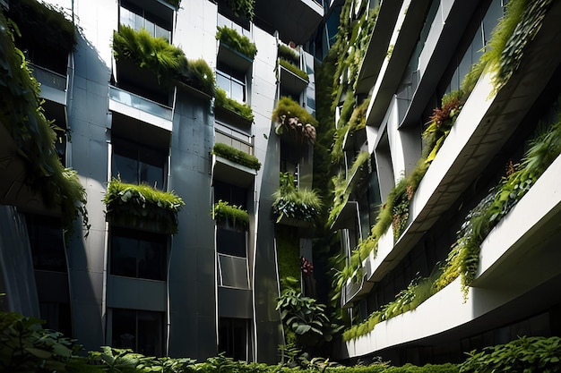 Des jardins verticaux futuristes verdoient les gratte-ciel urbains