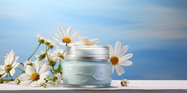 Jarre cosmétique en verre avec crème hydratante organique avec parfum floral sur gradient bleu clair avec des marguerites de prairie Produit de beauté naturel basé sur des plantes sauvages Vue avant de maquette