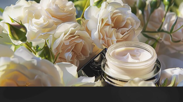 Jarre de crème hydratante pour le visage sur fond floral Concepte d'articles de toilette et de soins de la peau de marque cosmétique