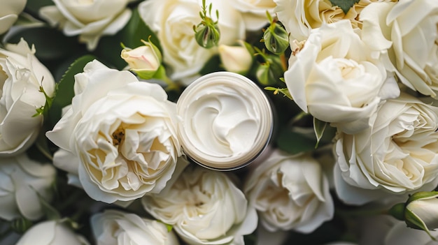 Jarre de crème hydratante pour le visage sur fond floral Concepte d'articles de toilette et de soins de la peau de marque cosmétique