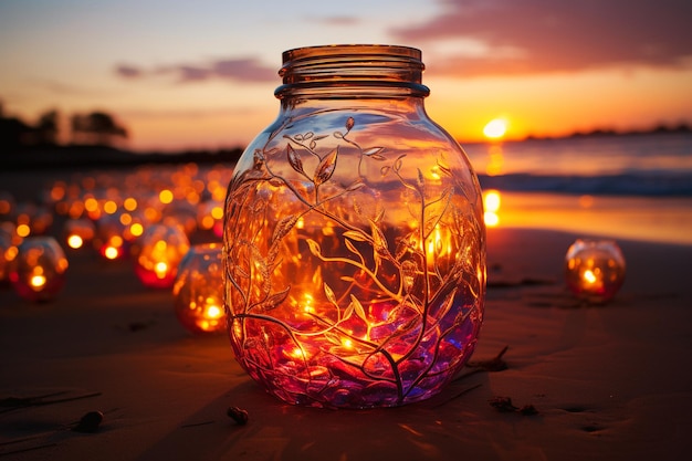 Jarre magique ou verre avec une lumière de fée étincelante debout sur une plage au coucher du soleil romantique paisible