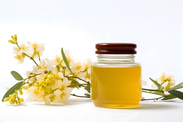 Jarre de miel d'acacia avec une branche d'acacie sur le côté sur un fond blanc