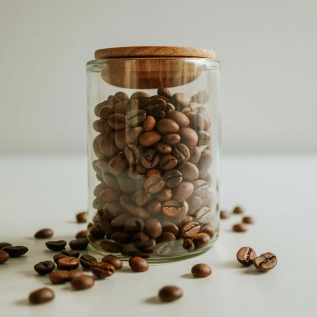 Jarre en verre avec couvercle en bois contenant des grains de café