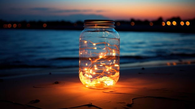 Jarre de verre avec des lumières brillantes sur la plage au coucher du soleil Focus sélectif