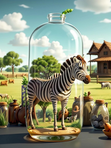 Une jarre en verre remplie d'animaux et d'herbe verte générée par Ai Image