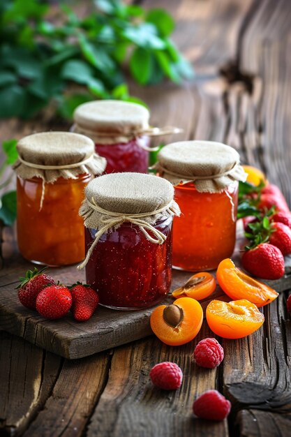 Photo jarres avec de la confiture et des fruits frais d'abricot et de fraise sur fond de bois