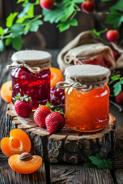 Photo jarres avec de la confiture et des fruits frais d'abricot et de fraise sur fond de bois