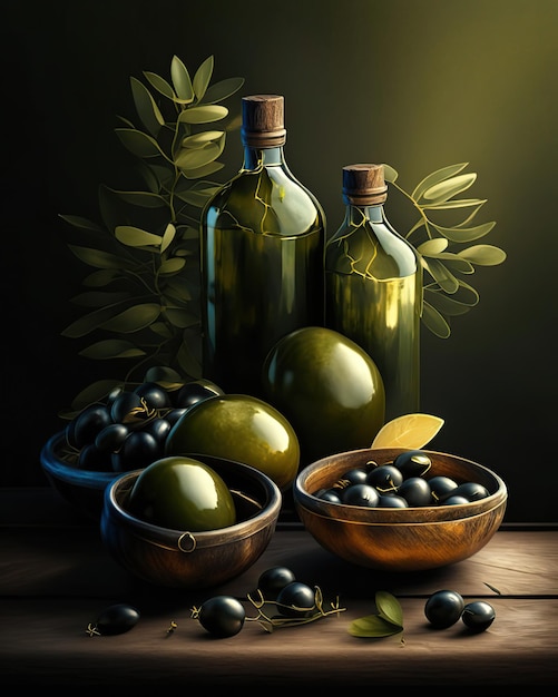 Photo jarres d'huile d'olive avec des olives et de l'huile en bouteille
