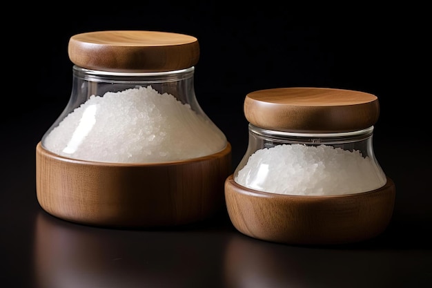 Photo des jarres de sel avec des flocons blancs dans le style de combinaison d'éléments naturels et artificiels