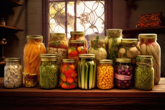 Des jarres de style vintage remplies de légumes en conserve créés avec de l'AI générative