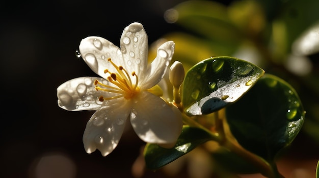 Jasmin avec des gouttes de rosée scintillant au soleil