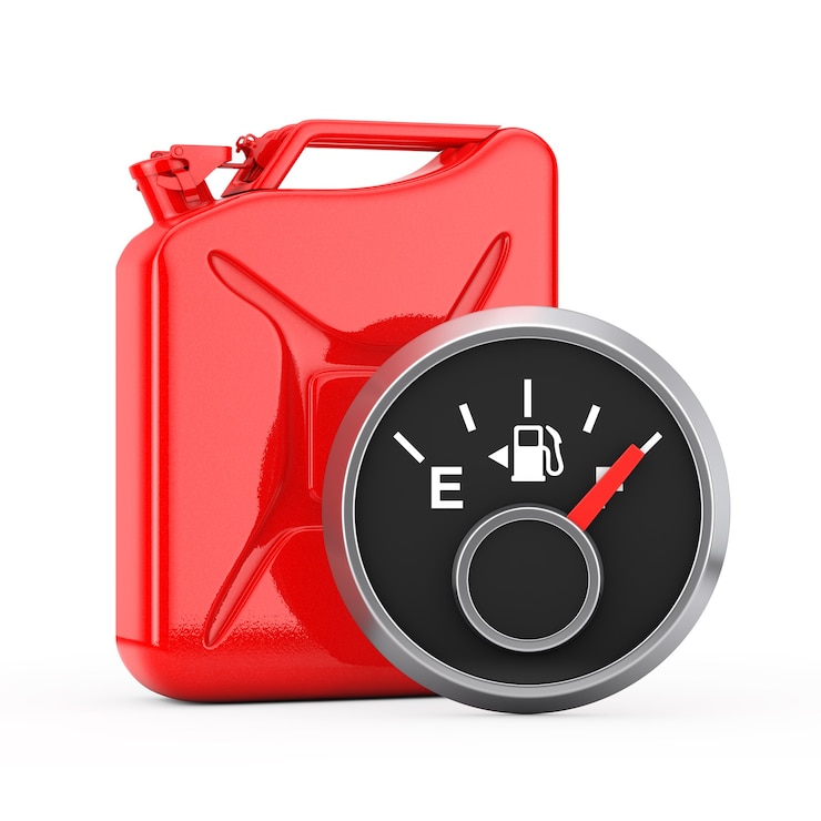 Photo jauge de tableau de bord de carburant montrant un réservoir plein devant un jerrycan en métal rouge sur fond blanc. rendu 3d