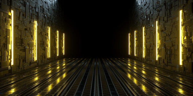 Jaune Neon Light Laser Glowing Corridor Passage Couloir Sci Fi Spaceship Entrée Scène Vide Podium Abstrait Arrière-plans Illustration Rendu 3d