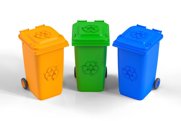 Jaune vert et bleu des bacs de recyclage avec symbole de recyclage isolé sur fond blanc